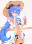 1girl absurdres arm_cuffs bikini blue_hair breasts closed_eyes closed_mouth commentary english_commentary food frilled_arm_cuffs ganyu_(genshin_impact) genshin_impact glasses goat_horns hat highres holding holding_food holding_ice_cream holding_spoon horns ice_cream long_hair medium_breasts navel pink-framed_eyewear side-tie_bikini_bottom solo spoon straw_hat swimsuit white_background white_bikini zoekiel_feux3538 