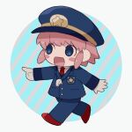  1girl blue_eyes caution_tape chibi hat humanization kanafumi_(spindle) kirby kirby_(series) kirby_pupupu_train long_sleeves open_mouth personification pointing pointing_at_viewer police police_hat police_uniform policewoman short_hair solo star_(symbol) 