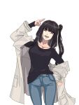  1girl alpello1901 architect_(girls_frontline) bangs black_hair black_shirt breasts casual coat coat_on_shoulders collarbone denim eyebrows_visible_through_hair feet_out_of_frame girls_frontline hair_ornament hand_up jeans long_hair looking_at_viewer open_mouth pants purple_eyes shirt solo standing white_background white_coat 