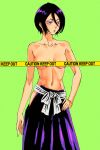  1girl absurdres bleach breasts caution_tape censored censored_nipples collarbone commentary cowboy_shot english_commentary green_background hair_between_eyes hakama hakama_skirt hand_on_own_hip highres japanese_clothes kuchiki_rukia lips looking_to_the_side medium_breasts navel purple_eyes purple_hair purple_skirt short_hair side_slit skirt solo topless_female yshjsw 