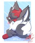  2021 ambiguous_gender blep blue_eyes blush dusk_(gingy_k_fox) freckles fur gingy_k_fox grey_body grey_fur looking_back nintendo pok&eacute;mon pok&eacute;mon_(species) rear_view red_body red_fur shaded signature solo tongue tongue_out video_games white_body white_fur zorua 
