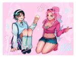  2girls :q alien_stage blue_hair blue_sweater_vest border breasts commentary cropped_hoodie denim denim_shorts english_commentary eyewear_on_head food hairband high_ponytail highres holding holding_food holding_ice_cream hood hoodie ice_cream knees_up koukeiii leg_warmers long_hair long_sleeves midriff mizi_(alien_stage) multicolored_hair multiple_girls navel necktie official_alternate_costume pink-framed_eyewear pink_hoodie ponytail purple_eyes short_hair shorts sitting smile sua_(alien_stage) sunglasses sweater_vest tongue tongue_out two-tone_hair very_long_hair white_border white_hairband white_leg_warmers yellow_eyes zoom_layer 