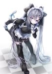  1girl absurdres alternate_costume animal_ears apron black_bow black_dress black_shoes black_sleeves blue_eyes boots bow braid braided_bangs breasts cat_tail chain chain_weapon checkered_floor cone_hair_bun double_bun dress fake_animal_ears finger_to_mouth full_body gloves grey_hair gun hair_bow hair_bun handgun highres holding holding_gun holding_weapon hololive hololive_indonesia long_hair looking_at_viewer maid maid_apron maid_headdress megts0331 official_alternate_hairstyle platform_heels ribbon shoes shushing solo tail tail_ornament tail_ribbon thigh_boots twintails very_long_hair vestia_zeta vestia_zeta_(5th_costume) virtual_youtuber waist_apron weapon white_background white_gloves 
