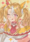  1girl :q ;q absurdres animal_ears bare_shoulders blonde_hair breasts collarbone commentary fusaichi_pandora_(assorted_cuteness)_(umamusume) fusaichi_pandora_(umamusume) hair_between_eyes highres horse_ears horse_girl index_finger_raised large_breasts long_sleeves looking_at_viewer midriff mismatched_ear_covers namaniku_(user_nxxf7457) navel off_shoulder one_eye_closed pink_eyes shirt solo stomach tongue tongue_out twintails umamusume white_shirt 