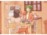  1boy 1girl ^_^ chair closed_eyes commentary_request cup green_hair grin indoors kitchen koiwai_yotsuba medium_hair microwave mr._koiwai older quad_tails refrigerator sitting smile standing table tea window yoshimoto_(yomada) yotsubato! 