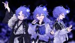  3boys antenna_hair bk0416_v black_choker black_shirt blue_streaks cardigan choker closed_eyes collared_shirt commentary highres hitodama holding holding_microphone holostars japanese_clothes jewelry kimono long_hair male_focus microphone minase_rio minase_rio_(1st_costume) minase_rio_(2nd_costume) minase_rio_(3rd_costume) multicolored_hair multiple_boys multiple_persona official_alternate_costume open_mouth purple_eyes purple_hair purple_theme ring sailor_collar sailor_shirt seigaiha shirt short_hair skeleton_print smile streaked_hair studded_choker studs untranslatable_commentary upper_body virtual_youtuber white_cardigan 