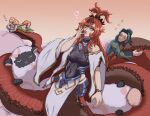  1boy 2girls absurdres asymmetrical_bangs bare_shoulders black_scrunchie blue_robe boots breasts butterfly_wings capelet commentary covered_navel dress english_commentary english_text fangs fire_emblem fire_emblem:_three_houses fire_emblem_heroes flower green_boots green_dress green_hair grey_leotard hair_bun hair_flower hair_ornament hair_scrunchie highres hip_armor holding holding_stuffed_toy holding_with_tail hugging_tail insect_wings jormungandr_(fire_emblem) lamia large_breasts leotard linhardt_von_hevring long_hair long_sleeves looking_at_another looking_at_viewer low-tied_long_hair mirabilis_(fire_emblem) monster_girl multiple_girls open_mouth orange_background pink_hair prehensile_tail red_hair red_ribbon red_scales ribbon robe scrunchie signature sleeping slit_pupils speech_bubble spoken_zzz stroudwithc stuffed_animal stuffed_sheep stuffed_toy tail topknot very_long_hair white_capelet wings yawning yellow_eyes zzz 