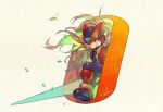  1boy armor black_eyes blonde_hair energy_sword forehead_jewel grey_background hashibi_rokou helmet holding holding_sword holding_weapon long_hair male_focus mega_man_(series) mega_man_zero_(series) red_armor red_helmet solo sword weapon z_saber zero(z)_(mega_man) zero_(mega_man) 