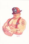  1boy bara beard_stubble biceps cris_art cropped_torso facial_hair facing_viewer firefighter firefighter_helmet flexing hat_over_eyes highres large_pectorals male_focus mature_male muscular muscular_male nipples original pectorals short_hair shoulder_tattoo solo stubble suspenders tattoo tilted_headwear variant_set watercolor_effect white_background 