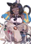  1girl absurdres animal_ears arknights bare_shoulders black_hair blunt_bangs breasts cat_ears cat_girl cat_tail caution_tape commentary dark-skinned_female dark_skin expressionless highres infection_monitor_(arknights) looking_at_viewer shibuya_(kurokamishain) simple_background solo tail tail_ornament tail_ring titi_(arknights) white_background yellow_eyes 