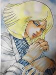  1girl absurdres blonde_hair blue_eyes coat commentary_request fuhimi_menma gundam gundam_zz head_tilt highres jewelry looking_at_viewer open_mouth pink_lips portrait ring sayla_mass science_fiction turtleneck zeta_gundam 