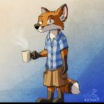 1:1 anthro beverage canid canine clothing coffee cup fox hi_res katnay male mammal solo 