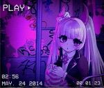  1girl :o amachocomoe blood blood_in_hair blood_on_clothes blood_on_face blood_splatter blunt_bangs bow collared_shirt colored_blood commentary_request danganronpa_(series) danganronpa_another_episode:_ultra_despair_girls dated eyelashes fake_horns graffiti hair_bow hairband hands_on_own_knees highres horn_hairband horns jacket long_hair open_clothes open_jacket open_mouth pink_blood pink_hair pole polka_dot polka_dot_bow shirt sitting solo static timestamp twintails utsugi_kotoko very_long_hair vhs_artifacts white_shirt 