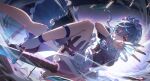 1girl apron between_fingers black_dress braid breasts commentary dress enoharatoki grey_hair hair_between_eyes highres holding holding_knife holster izayoi_sakuya knife knives_between_fingers long_hair looking_at_viewer maid maid_apron maid_headdress puffy_sleeves red_eyes short_sleeves small_breasts solo thigh_holster touhou twin_braids waist_apron 
