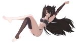  1girl absurdres arm_behind_head arm_up armpits black_hair blue_eyes blush bow bra breasts cleavage commentary earrings english_commentary fate_(series) feet from_side full_body hair_bow highres hoop_earrings jewelry long_hair looking_at_viewer medium_breasts multiple_hair_bows navel panties single_bare_foot single_thighhigh sitting smile solo stirrup_legwear stretching thighhighs toeless_legwear toes tohsaka_rin twintails underwear very_long_hair x_xith_x 