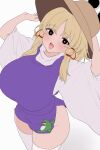  1girl absurdres aged_up animal_print arms_up black_eyes blonde_hair breasts bright_pupils brown_hat commentary_request cowboy_shot dress flat_color frog_print from_above hair_ribbon hat highres huge_breasts light_blush long_sleeves looking_at_viewer medium_hair microdress moriforest1040 moriya_suwako open_mouth parted_bangs purple_dress red_ribbon revealing_clothes ribbon shirt sidelocks simple_background smile solo standing thick_thighs thighhighs thighs touhou turtleneck turtleneck_shirt white_pupils white_shirt white_thighhighs wide_sleeves 
