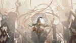  1girl arcaea architecture black_bow black_eyes black_hair black_ribbon blonde_hair bow bow_flower chain chest_bow closed_mouth commentary cowboy_shot diffraction_spikes dress english_commentary frilled_wrist_cuffs frills glint gloved_sleeves gloves hair_between_eyes hair_bow hair_ribbon heterochromia highres lens_flare long_hair long_sleeves looking_at_viewer maya_(arcaea) pelvic_curtain rainbow red_eyes red_wrist_cuffs ribbon ruins scenery solo thighhighs white_dress white_gloves white_thighhighs wide_shot wrist_cuffs yolk72 zettai_ryouiki 