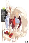  1girl absurdres animal_ear_fluff animal_ears backless_kimono barefoot bell bent_over blonde_hair bow clothes_lift commentary_request detached_sleeves fox_ears fox_girl fox_tail from_behind green_eyes hakama hakama_short_skirt hakama_skirt helic_(7317helic) highres japanese_clothes kimono long_hair nontraditional_miko open_mouth original pleated_skirt red_bow red_skirt short_shorts shorts shorts_under_skirt skirt skirt_lift soles solo tail tail_bell tail_bow tail_ornament white_kimono white_shorts wide_sleeves 