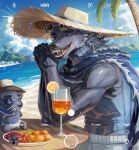  1boy animal_ears bara beach biceps black_fur blaidd_the_half-wolf blue_shirt commentary elden_ring english_commentary etrosamu eyewear_on_head fangs furry furry_male hat highres looking_at_viewer male_focus merchandise_available muscular muscular_male ocean open_mouth scar scar_on_arm scar_on_cheek scar_on_face shirt sleeveless smile stuffed_toy sun_hat sunglasses viewfinder wolf_boy wolf_ears 