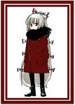  1girl absurdres alternate_costume black_footwear black_scarf boots border bow coat commentary_request contemporary fujiwara_no_mokou full_body hair_bow hands_in_pockets highres komaku_juushoku long_hair long_sleeves looking_at_viewer red_border red_bow red_coat red_eyes scarf simple_background solo touhou very_long_hair white_background white_bow white_hair 
