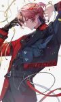  1boy absurdres arm_behind_head belt belt_buckle black_gloves black_hair black_nails brown_hair buckle closed_mouth commentary confetti cowboy_shot gloves highres male_focus multicolored_hair nail_polish nijisanji owls_(owls_0409) partially_fingerless_gloves profile red_eyes red_hair seraph_dazzlegarden short_hair single_glove solo streaked_hair streamers virtual_youtuber 