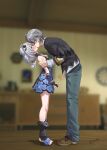 1boy 1girl absurdres antenna_hair aurelia_academy_school_uniform bare_shoulders black_gloves black_sweater blue_dress blue_pants blurry blurry_background brown_shoes closed_eyes commentary dracaene_sunbringer dress english_commentary french_kiss from_side gloves green_eyes grey_hair height_difference highres indoors kiss leaning_forward luizhtx official_alternate_costume open-toe_boots pants partially_fingerless_gloves school_uniform shoes short_hair sweater twintails wise_(oath_of_skies)_(zenless_zone_zero) wise_(zenless_zone_zero) zenless_zone_zero 