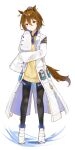  1girl agnes_tachyon_(tach-nology)_(umamusume) agnes_tachyon_(umamusume) ahoge animal_ears black_necktie black_pantyhose brown_hair chemical_structure closed_mouth coat commentary_request cork earrings full_body hair_between_eyes highres horse_ears horse_girl horse_tail jewelry lab_coat long_sleeves minatsuki_yurara necktie pantyhose red_eyes shirt shoes short_necktie simple_background single_earring sleeves_past_fingers sleeves_past_wrists smile solo sweater sweater_vest tail test_tube umamusume white_background white_coat white_shoes wolf_cut yellow_sweater yellow_sweater_vest 