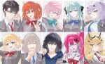  3boys 6+girls 9g0_00 absurdres ahoge artoria_caster_(fate) artoria_pendragon_(fate) baobhan_sith_(fate) barghest_(fate) black_hair blonde_hair blue_eyes blue_hair blush braid choker closed_eyes collared_shirt column_lineup commentary earrings fate/grand_order fate_(series) fujimaru_ritsuka_(female) fujimaru_ritsuka_(male) glasses grey_eyes grey_hair grid_lineup hair_bun hair_ornament hair_over_one_eye hair_ribbon hairclip heterochromia highres jacket jewelry long_hair looking_at_viewer mash_kyrielight medium_hair melusine_(fate) morgan_le_fay_(fate) multiple_boys multiple_girls necktie oberon_(fate) one_eye_closed one_side_up open_mouth orange_eyes orange_hair pink_hair ponytail purple_eyes ribbon shirt short_hair single_hair_bun smile sweater tongue tongue_out untranslatable_commentary upper_body yellow_eyes 