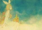  1girl aqua_background bare_arms bare_shoulders blonde_hair blue_sky bow dress faux_traditional_media flower from_side highres kagamine_rin looking_up pale_skin pink_flower profile red_flower sepia short_hair sitting sky sleeveless sleeveless_dress solo um1227_l vocaloid white_bow white_dress 