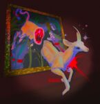  absurdres animal animal_focus artist_logo artist_name bifurcation black_eyes closed_mouth collar colorful commentary corrodedparadox dated_commentary deer dog english_commentary exposed_muscle fantasy full_body glowing grass highres horns horror_(theme) hunting logo no_humans open_mouth original painting_(object) picture_frame plant purple_fur red_background red_collar sharp_teeth signature single_horn sparkle spotlight star_(symbol) surreal teeth through_medium through_painting unicorn vignetting watermark white_fur white_horns 