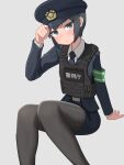  1girl absurdres adjusting_clothes adjusting_headwear akts625 alternate_costume androgynous arm_behind_back arm_support belt black_belt black_hair black_pantyhose blue_eyes blue_jacket blue_skirt body_armor bright_pupils clothes_writing collared_shirt commentary dress_shirt eyelashes hand_up hat head_tilt highres jacket kino_(kino_no_tabi) kino_no_tabi knees_together_feet_apart light_blush long_sleeves looking_at_viewer pantyhose peaked_cap pencil_skirt police police_badge police_uniform romaji_commentary shirt short_hair sidelocks simple_background sitting skirt solo tomboy translated very_short_hair white_background white_pupils white_shirt 
