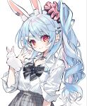  1girl :> aimi_(mimi_nii2) animal_ear_fluff animal_ear_piercing animal_ears black_bow black_bowtie blue_hair blush bow bowtie breasts cellphone choker closed_mouth collared_shirt commentary creature diagonal-striped_bow diagonal-striped_bowtie diagonal-striped_clothes don-chan_(usada_pekora) dot_nose earclip earrings fur_wrist_cuffs gradient_hair grey_skirt gyaru hair_bow hair_ornament hair_scrunchie hairclip hand_up high-waist_skirt high_side_ponytail highres hikimayu hololive inward_v jewelry kogal long_hair looking_at_viewer loose_bowtie messy_hair multicolored_hair multiple_earrings official_alternate_costume official_alternate_hairstyle parallel_hairclips parted_bangs partially_unbuttoned pendant_choker phone piercing pink_scrunchie plaid_clothes plaid_skirt pleated_skirt pom_pom_(clothes) pom_pom_hair_ornament rabbit rabbit-shaped_pupils rabbit_ear_smartphone_case rabbit_ears rabbit_girl red_eyes school_uniform scrunchie shirt shirt_tucked_in short_eyebrows side_ponytail sidelocks simple_background single_wrist_cuff skirt sleeves_rolled_up small_breasts smartphone smile solo_focus striped_bow striped_bowtie striped_clothes symbol-shaped_pupils thick_eyebrows two-tone_hair untranslatable_commentary upper_body usada_pekora usada_pekora_(12th_costume) v virtual_youtuber wavy_hair white_background white_bow white_hair white_shirt wrist_cuffs 