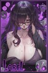  1girl antenna_hair black-framed_eyewear black_cardigan black_dress black_hair breasts cardigan cardigan_partially_removed character_name cleavage colored_inner_hair commentary crooked_eyewear dishwasher1910 dress drooling floating_skull glasses goddess_of_victory:_nikke hair_intakes hair_over_one_eye heart heart-shaped_pupils highres huge_breasts label_(nikke) long_hair looking_at_viewer mole mole_on_breast multicolored_hair open_mouth pale_skin purple_eyes purple_hair purple_streaks single_bare_shoulder solo_focus streaked_hair symbol-shaped_pupils taut_clothes taut_dress teeth two-tone_hair unkempt upper_teeth_only 