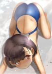  1girl absurdres all_fours ass beach blue_swimsuit brown_eyes brown_hair commentary_request competition_swimsuit eyebrows_visible_through_hair highres looking_to_the_side one-piece_swimsuit original sasahara_yuuki short_hair smile solo swimsuit waves 