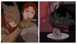  2boys 2girls ayasa_2022 blood blood_on_hand border brother_and_sister cape chibi closed_mouth commentary dress egg elden_ring gloves grey_cape grey_dress grey_gloves helmet long_hair malenia_blade_of_miquella mechanical_arms meme millicent_(elden_ring) mini_person miniboy mohg_lord_of_blood mother_and_child mother_and_daughter multiple_boys multiple_girls open_mouth parent_and_child plate pointing ponytail prosthesis prosthetic_arm red_hair scar scar_on_face siblings single_mechanical_arm size_difference white-faced_varre white_border winged_helmet woman_yelling_at_cat_(meme) yellow_eyes 