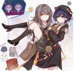  !? 2boys 2girls ? animal_ears bag belle_(brilliance_of_stars)_(zenless_zone_zero) belle_(zenless_zone_zero) black_shoes black_socks blue_hair caelus_(honkai:_star_rail) carrying chibi chinese_commentary commentary_request green_hair grey_hair hair_between_eyes high_heels highres honkai:_star_rail honkai_(series) in_container in_trash_can kneehighs long_sleeves looking_at_another multiple_boys multiple_girls multiple_views official_alternate_costume princess_carry raccoon_ears school_uniform shirt shoes shopping_bag simple_background skirt socks spoken_interrobang spoken_question_mark stelle_(honkai:_star_rail) sweat trailblazer_(honkai:_star_rail) trash_can white_shirt wise_(zenless_zone_zero) yajuu yellow_eyes zenless_zone_zero 