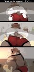  2021 anthro bdsm beard belly bite_mark blush bodily_fluids brown_body brown_fur butt clothing comic detailed_background duo facial_hair fur hi_res humanoid_hands hyaku_(artist) kemono male mammal moobs overweight overweight_male shirt submissive submissive_male sweat topwear underwear undressing ursid 