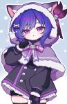  1girl animal_ears animal_hood belt black_belt black_dress black_gloves black_shorts cape capelet cat_hood child commentary_request dress fake_animal_ears fur-trimmed_capelet fur_trim genshin_impact gloves goth_fashion hair_between_eyes hair_ornament hairclip highres hood hoodie looking_at_viewer open_mouth prune_(genshin_impact) purple_eyes purple_hair purple_hoodie purple_ribbon ribbon short_hair shorts shorts_under_dress simple_background solo tenchan_080515 thighhighs winter_clothes 