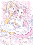  2girls :3 :p ;3 ;p above-cleavage_cutout absurdres ahoge apron artist_name belt blonde_hair bloomers blue_belt blue_eyes blue_hair blunt_bangs blush border bow braid closed_mouth clothing_cutout commentary_request croix_(croixtw) crossed_bangs detached_sleeves eyelashes fingernails fishnet_thighhighs fishnets frilled_apron frills hair_between_eyes hair_intakes hair_ornament hairband hairclip hand_up heart highres jacket jersey_maid leg_up long_hair long_sleeves looking_at_viewer maid maid_apron maid_headdress medium_hair multiple_girls nail_polish nijisanji o-ring o-ring_belt o-ring_thigh_strap one_eye_closed outside_border pink_background pink_bow pink_hair pink_hairband pink_nails pink_skirt pleated_skirt pomelo_punch purin_lala_mode purple_belt purple_eyes purple_hair purple_hairband purple_nails shorts sidelocks signature single_thighhigh skirt sleeveless sleeveless_jacket smile sparkle standing standing_on_one_leg star_(symbol) striped_background thigh_strap thighhighs tongue tongue_out track_jacket twintails twitter_username unconventional_maid v vertical-striped_background virtual_youtuber white_apron white_bloomers white_border wing_hair_ornament wolf_cut x_hair_ornament yellow_jacket yellow_shorts yellow_sleeves zipper_pull_tab 