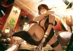  1girl breasts casino chandelier cleavage clothing_cutout commentary_request dress dsr-50_(girls'_frontline) dutch_angle fighting_stance floating_card girls'_frontline girls'_frontline_2:_exilium glaring gold_trim halterneck high_heels highres holding holding_weapon jewelry large_breasts loreley_(girls'_frontline_2) onigiri_(122359088) pendant red_eyes side_slit strapless strapless_dress thick_thighs thighs toned toned_female weapon 
