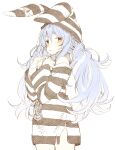  1girl abara_heiki animal_ears bangs blue_hair bunny_ears chain commentary cowboy_shot cuffs dress empty_eyes frown hair_between_eyes hat highres hololive long_hair long_sleeves messy_hair multicolored_hair official_alternate_costume prison_clothes red_eyes shackles simple_background solo striped striped_dress striped_headwear torn_clothes torn_dress twintails two-tone_hair usada_pekora virtual_youtuber white_background white_hair 