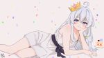  1girl absurdres bare_shoulders blue_eyes blush breasts cake cake_slice collarbone commentary_request crown dress elaina_(majo_no_tabitabi) feet_out_of_frame food grey_dress grey_hair hair_between_eyes hand_on_own_cheek hand_on_own_face highres huifadeyileina long_hair looking_at_viewer majo_no_tabitabi plate simple_background sleeveless sleeveless_dress small_breasts solo tilted_headwear 