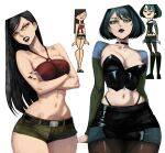  2girls angry arm_support belt black_belt black_choker black_hair black_lips black_nails black_skirt blue_eyeshadow blue_sleeves breasts brown_pantyhose bustier choker cleavage clenched_teeth collarbone commentary cowboy_shot crop_top crossed_arms detached_sleeves earrings english_commentary eyeshadow fingernails green_eyes green_hair green_shorts green_sleeves grey_eyes gwen_(total_drama) halterneck heather_(total_drama) hex_mamaso highres jewelry large_breasts linea_alba long_fingernails long_hair looking_at_viewer makeup midriff miniskirt multicolored_hair multiple_girls navel o-ring o-ring_top panty_straps pantyhose parted_lips red_eyeshadow red_shirt reference_inset shirt short_hair short_shorts shorts sitting skirt stomach streaked_hair teeth thighs tight_clothes total_drama two-tone_hair two-tone_sleeves v-shaped_eyebrows 