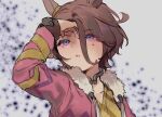  1girl animal_ears blue_eyes blush brown_hair commentary ear_ornament eyes_visible_through_hair fur-trimmed_jacket fur_trim hair_between_eyes hand_on_own_forehead highres horse_ears horse_girl horseshoe jacket long_sleeves narita_taishin_(nevertheless)_(umamusume) narita_taishin_(umamusume) open_mouth parted_lips pink_jacket portrait short_hair signature solo sweat tank_top teeth two-tone_background umamusume usetsu_illust white_background yellow_tank_top 