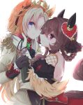  2girls ahoge animal_ears ascot backless_dress backless_outfit black_ascot black_gloves blue_eyes blush braid braided_hair_rings breasts brown_hair closed_mouth colored_bangs commentary_request corset crossed_arms dress ear_covers ear_ornament gem gentildonna_(regina_dei_fiori)_(umamusume) gentildonna_(umamusume) gloves green_gem hair_between_eyes hair_ornament hair_rings heart-shaped_ornament heart_ear_ornament highres horse_ears horse_girl horse_tail jacket large_breasts long_hair long_sleeves multicolored_hair multiple_girls orange_hair orfevre_(control)_(umamusume) orfevre_(umamusume) parted_lips purple_eyes red_corset red_eyes reya_p_d3 simple_background single_ear_cover tail two-tone_hair umamusume white_background white_hair white_jacket 