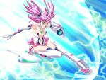  1girl boots breasts cleavage clothing_cutout detached_collar detached_sleeves from_side funnels_(gundam) game_asset gem gloves green_eyes green_gem headgear highleg highleg_leotard leotard lightning magical_girl medium_breasts mikoshi_matsuri navel nega0 negative_zero non-web_source official_art open_mouth pink_hair pink_skirt revealing_clothes rider_kick shirt short_hair showgirl_skirt skirt sky thigh_boots twintails white_boots white_gloves yumeno_reiko 