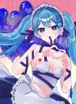  1girl absurdres apron arm_ribbon balloon bare_shoulders blue_eyes blue_hair blue_ribbon blue_skirt blush breasts closed_mouth commentary_request cowboy_shot crop_top cropped_shirt crossed_bangs double-parted_bangs four-finger_heart_hands frilled_apron frills gradient_background hatsune_miku heart heart_balloon heart_hands highres long_hair looking_at_viewer maid_headdress midriff navel pink_background ribbon sakanoi_noa shirt skirt small_breasts smile solo strapless strapless_shirt twintails vocaloid waist_apron watermark white_apron white_shirt 