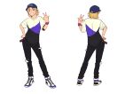 1girl absurdres baseball_cap black_pants blonde_hair breasts brown_eyes commission commissioner_upload from_behind full_body grin hand_on_own_hip hat highres looking_at_viewer mango_(mgosketches) medium_breasts melissa_mona_(loneshadowstar) multiple_views non-web_source original pants purple_shoes shirt shoes smile solo t-shirt tomodachi_life tomodachi_life:_living_the_dream torn_clothes torn_pants v 