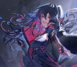  1girl absurdres black_dress black_hair breasts commandant_(pgr) commentary_request dress hair_between_eyes highres jacket looking_at_viewer lucia:_plume_(pgr) lucia_(pgr) mechanical_arms mechanical_hands medium_breasts multicolored_hair punishing:_gray_raven reaching reaching_towards_another red_eyes red_hair shima_(happyhokemiday) smile teeth twintails two-sided_fabric two-sided_jacket two-tone_hair 