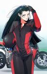  1girl alternate_costume biker_clothes bikesuit black_eyes black_hair bodysuit closed_mouth commentary_request fingerless_gloves gloves grey_gloves hair_slicked_back hand_on_own_head helmet highres holding holding_unworn_helmet kagura_chizuru korean_commentary long_hair long_sleeves looking_at_viewer motor_vehicle motorcycle motorcycle_helmet one_eye_closed solo strbrb789 the_king_of_fighters unworn_headwear unworn_helmet 